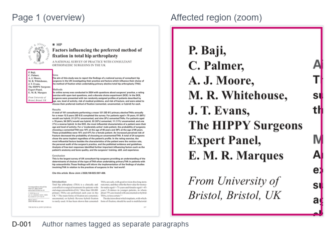 Screenshot of page 1 showing the author names with a magenta rectangle around the affected author block.