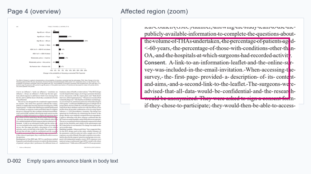 Screenshot of page 4 with a magenta rectangle around the body text region tied to repeated blank announcements.
