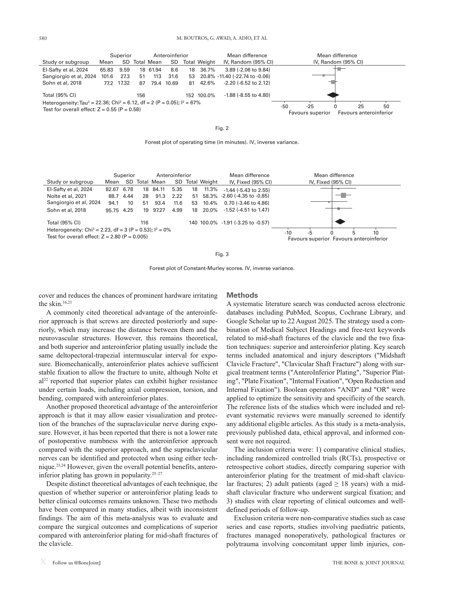 Page three of the same paper. The top half shows a forest plot table with three rows of studies. Each row lists the study name, then mean and standard deviation and total participant count for both surgical groups, then weight, mean difference, and a horizontal forest plot symbol with a ninety five percent confidence interval. Below the table, the article text continues in two columns.