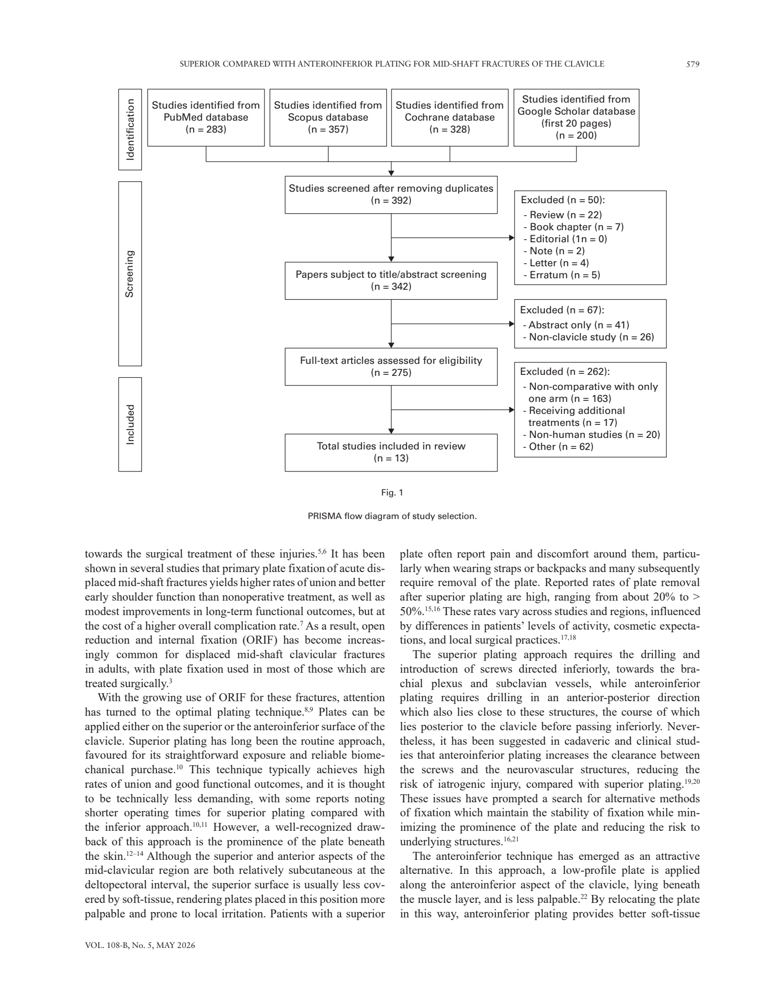 Page two of a research paper showing a PRISMA flow diagram. The diagram is a four stage flow from Identification to Screening to Eligibility to Included, with boxes connected by arrows showing how 1168 records narrowed down to 13 included studies. Below the figure, the article text continues in two columns.